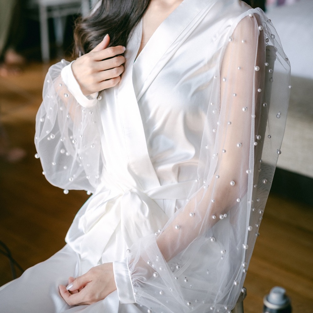 Pearl Sleeve Bridal Robe by Velvet Rose Designs (Sz: Small-Medium)